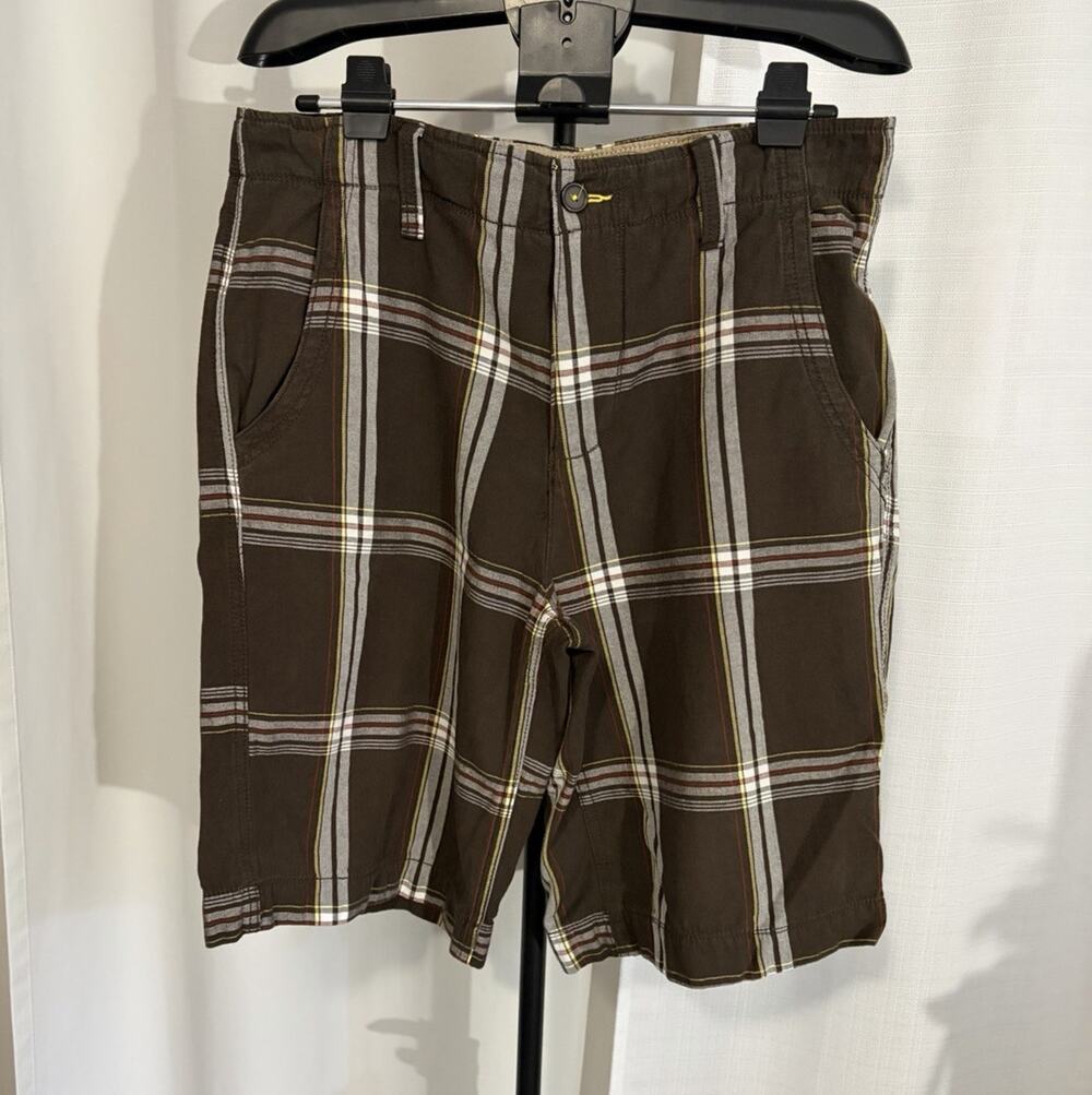 Victory Men’s Brown Plaid Chino Shorts Sz 36 Flat Front Zip Slash Pockets #0022